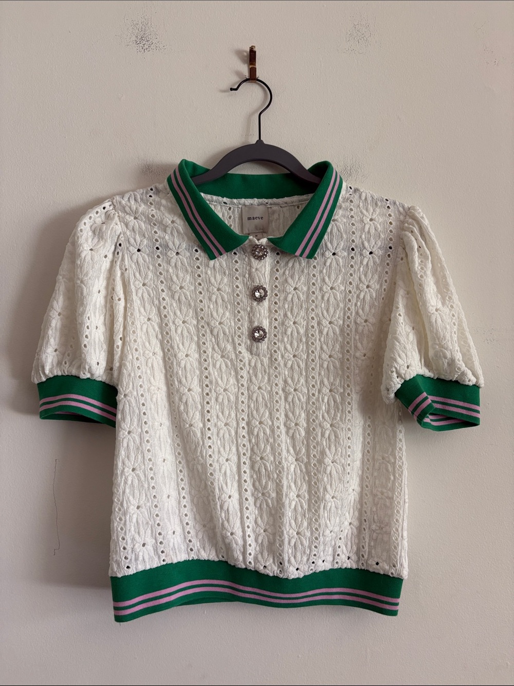 Anthropologie Maeve Puff Sleeve Lace Polo in White Green Size Medium New Tag - Picture 9 of 13